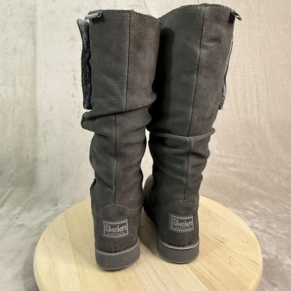 SKECHERS Women's Boots Sz 5 Suede Keepsakes Freezing Point Slouch Faux Fur Shoes
